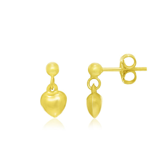 14k Yellow Gold Puffed Heart Children's Dangling Earrings-0