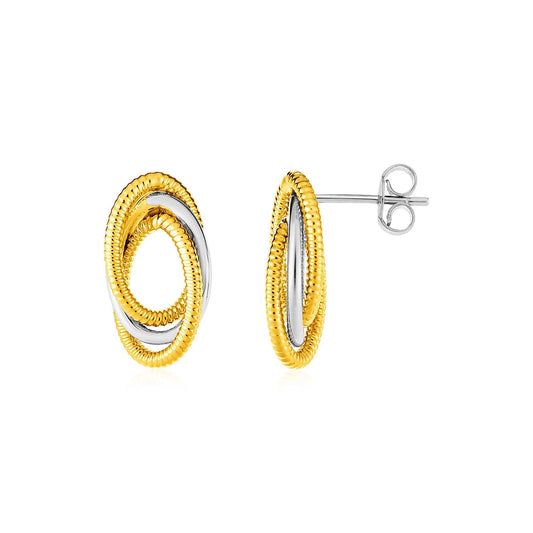 14k Two Tone Gold Post Earrings with Three Interlocking Ovals-0