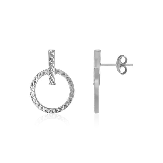 14k White Gold Textured Circle and Bar Post Earrings-0