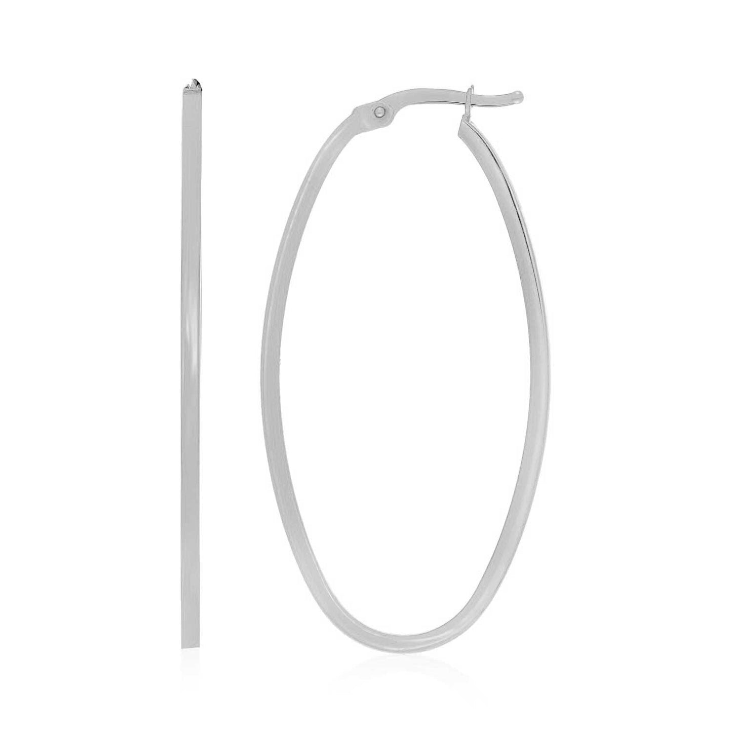 14k White Gold Slim Oval Shape Hoop Earrings-0