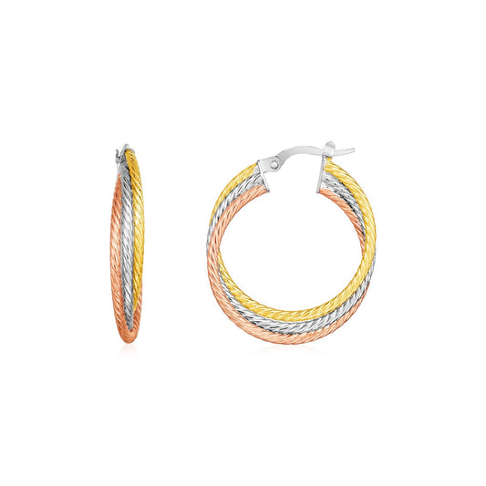 14k Tri Color Gold Three Part Round Hoop Earrings-0