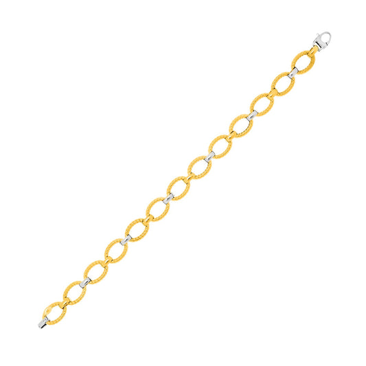 14k Two-Tone Gold Chain Bracelet with Textured Oval Links-0