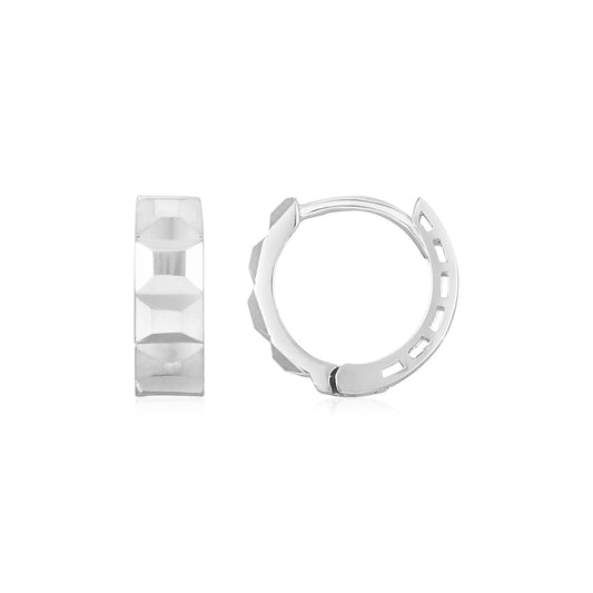 14K White Gold Square Motif Faceted Huggie Earrings-0