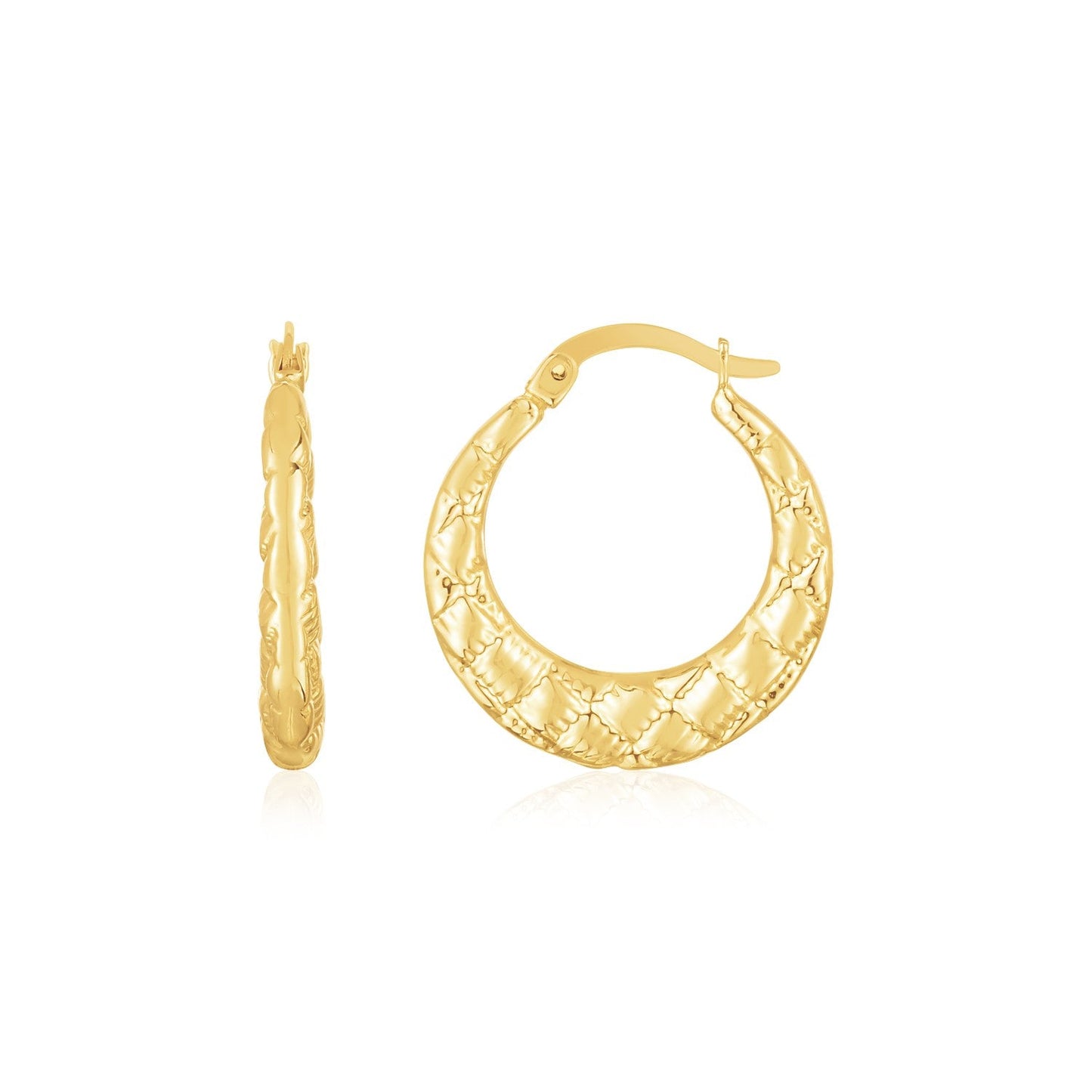 14K Yellow Gold Puffed Checkerboard Hoops-0