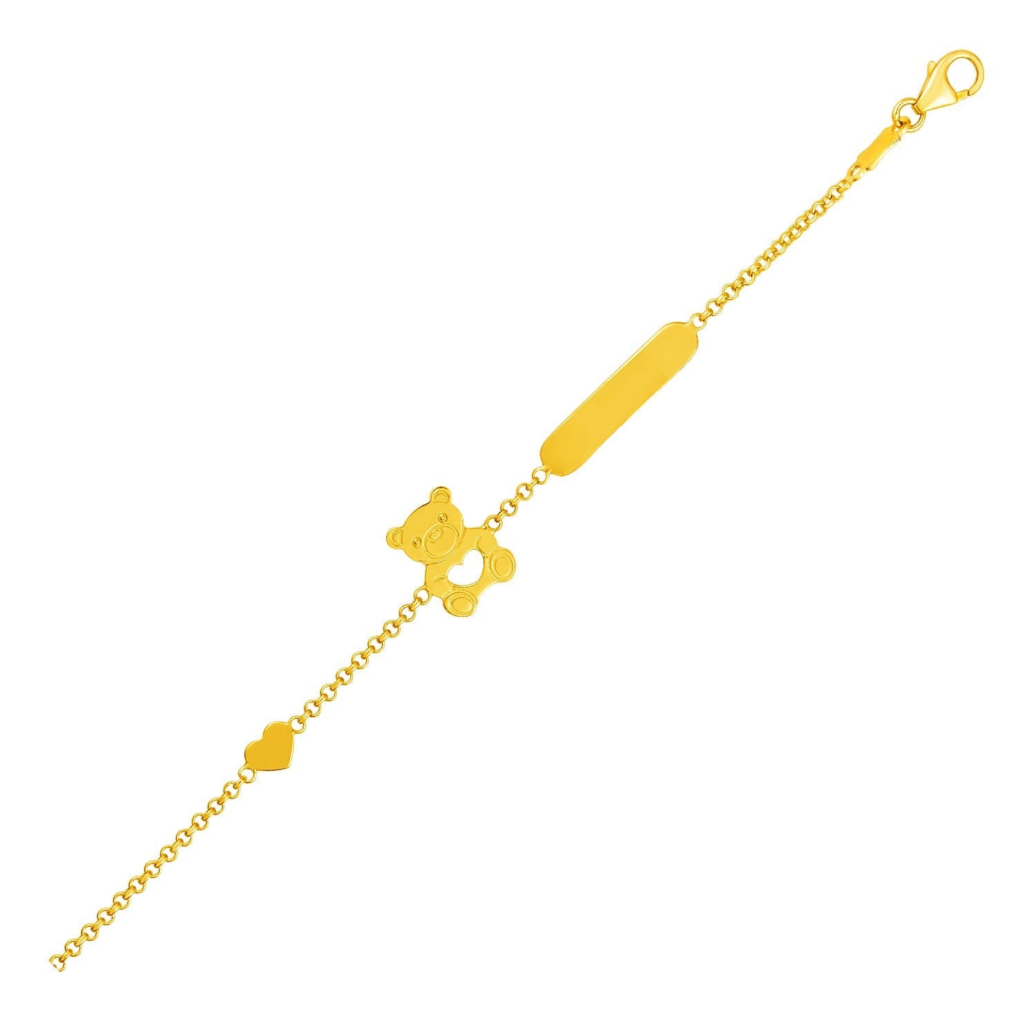 14k Yellow Gold Childrens Bracelet with Teddy Bear Heart and Bar-0