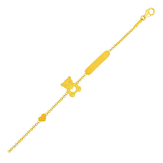 14k Yellow Gold Childrens Bracelet with Teddy Bear Heart and Bar-0