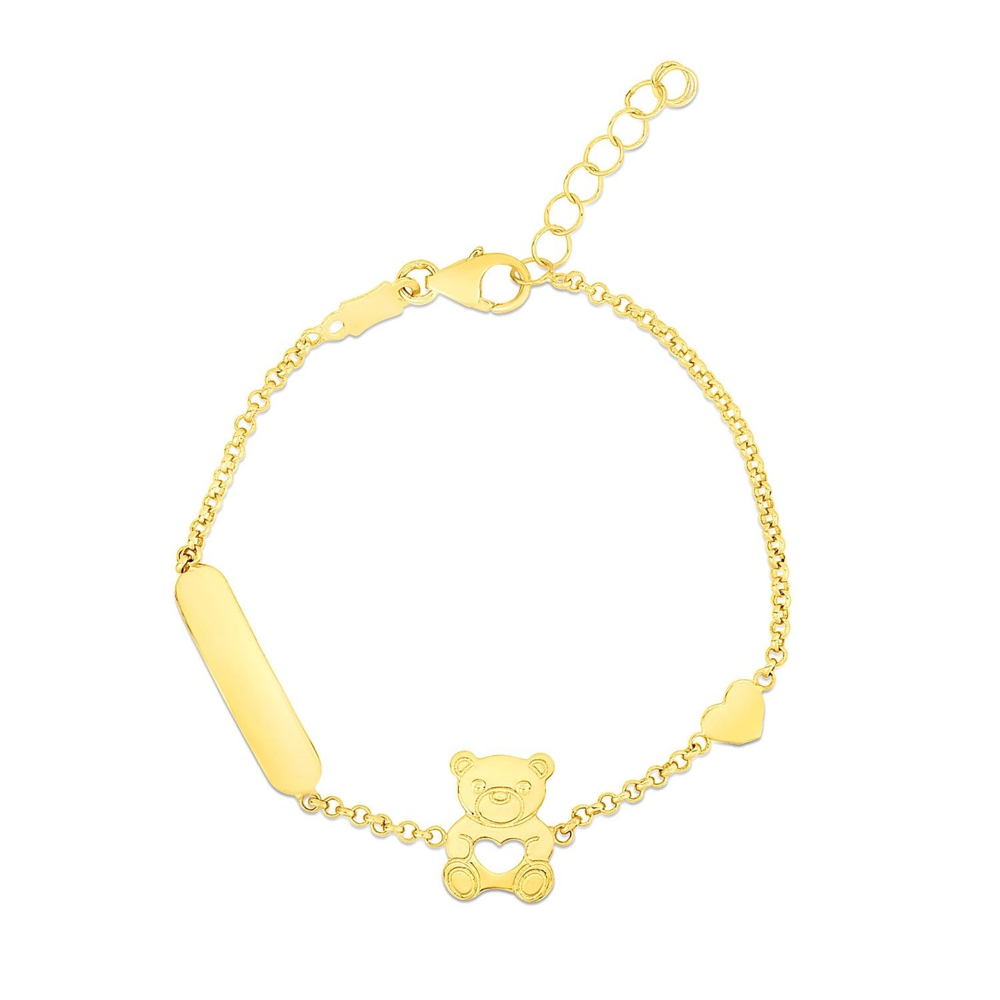 14k Yellow Gold Childrens Bracelet with Teddy Bear Heart and Bar-1