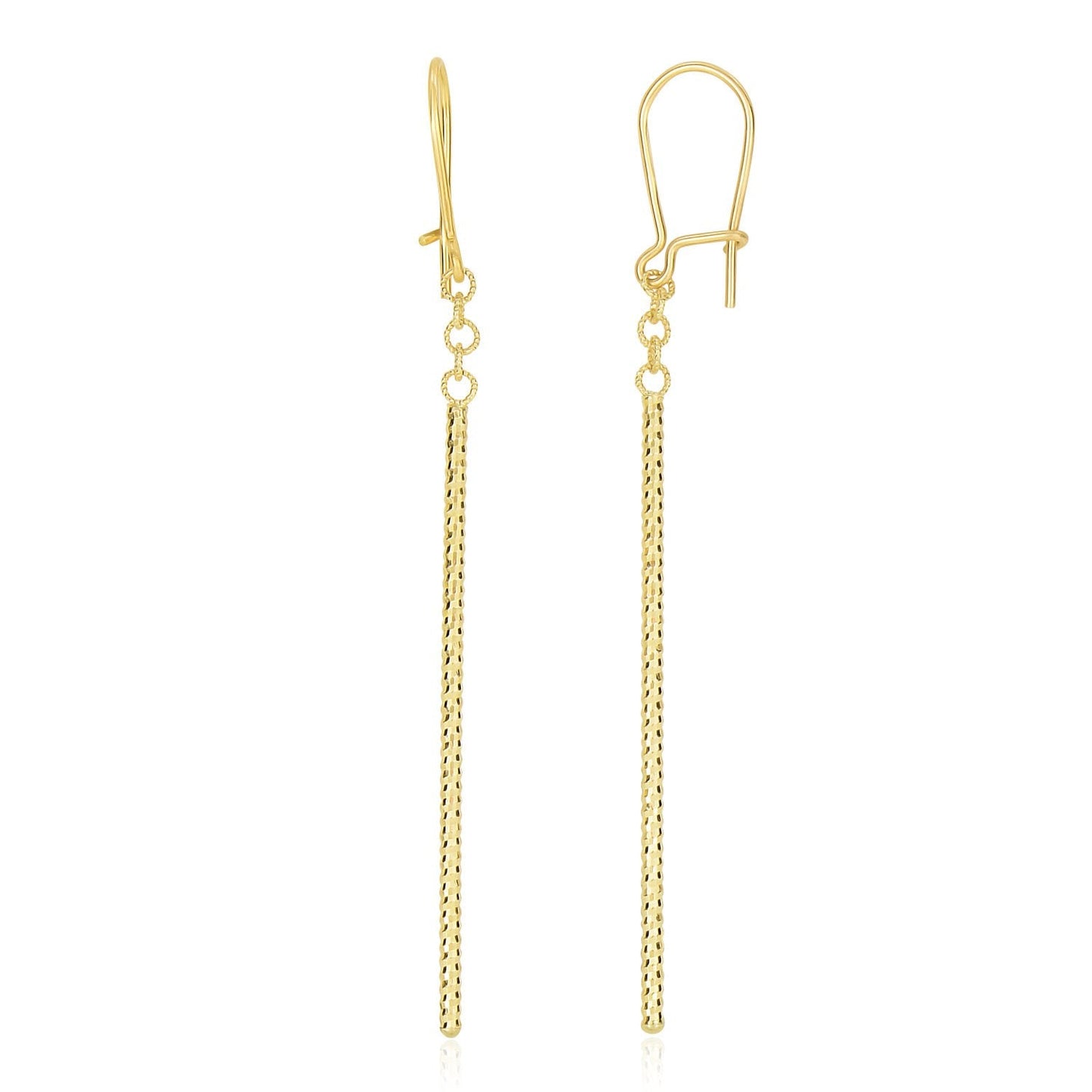 14k Yellow Gold Long Bar Diamond Cut Drop Earrings-0