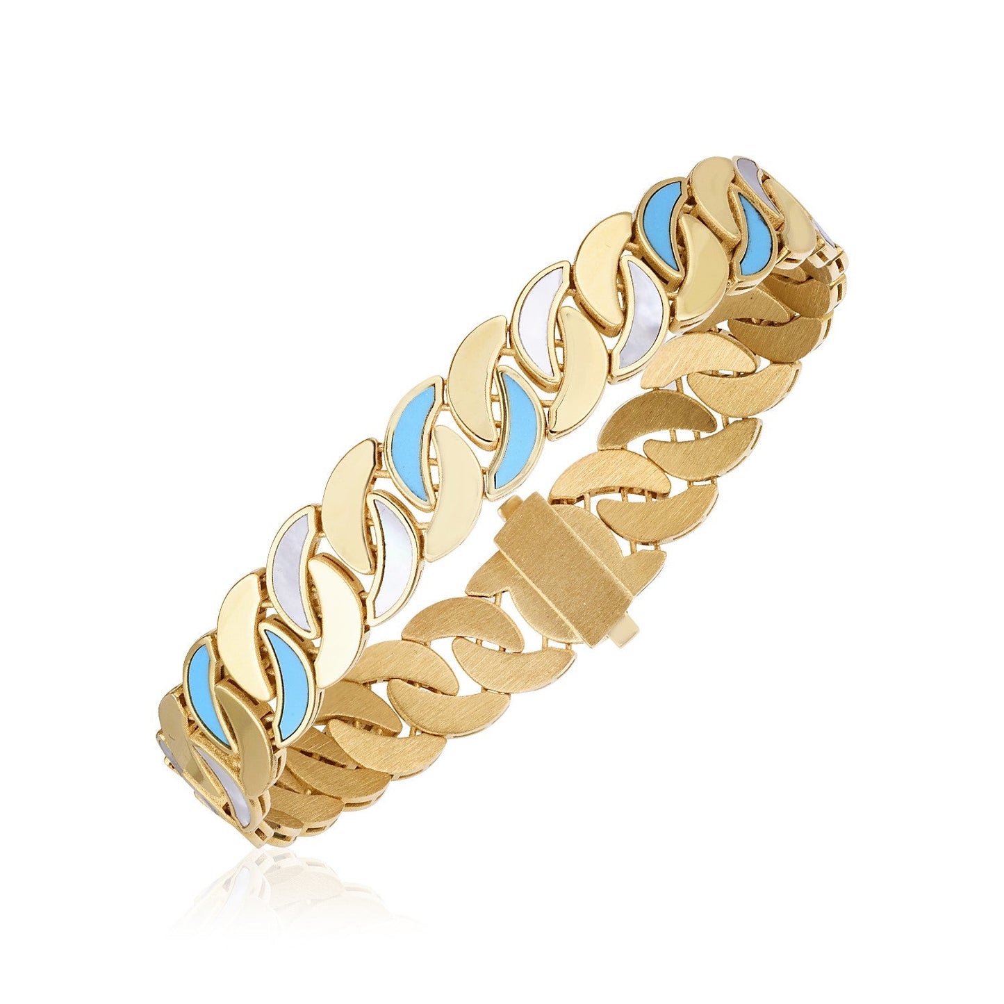 14k Yellow Gold High Polish Turquoise & Mother of Pearl Cuban Link Bracelet-0