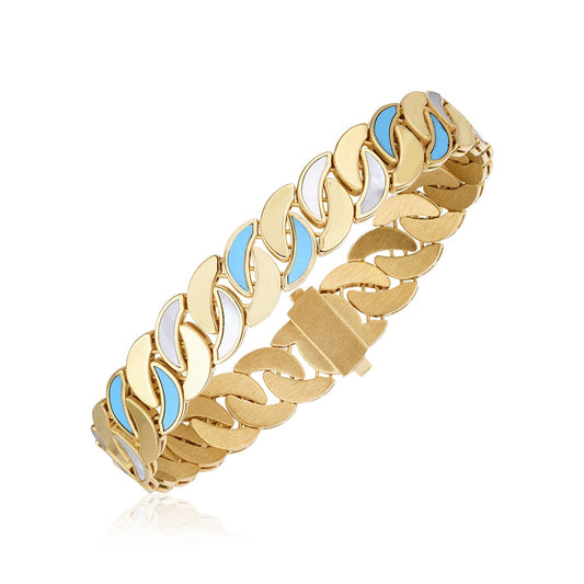 14k Yellow Gold High Polish Turquoise & Mother of Pearl Cuban Link Bracelet-0