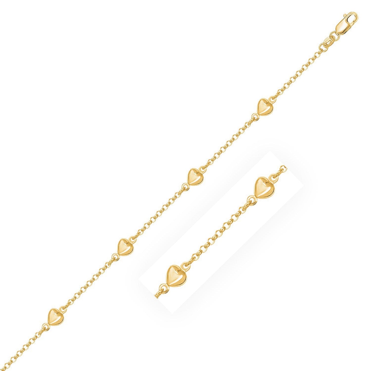 14k Yellow Gold Rolo Chain Bracelet with Puffed Heart Stations-0