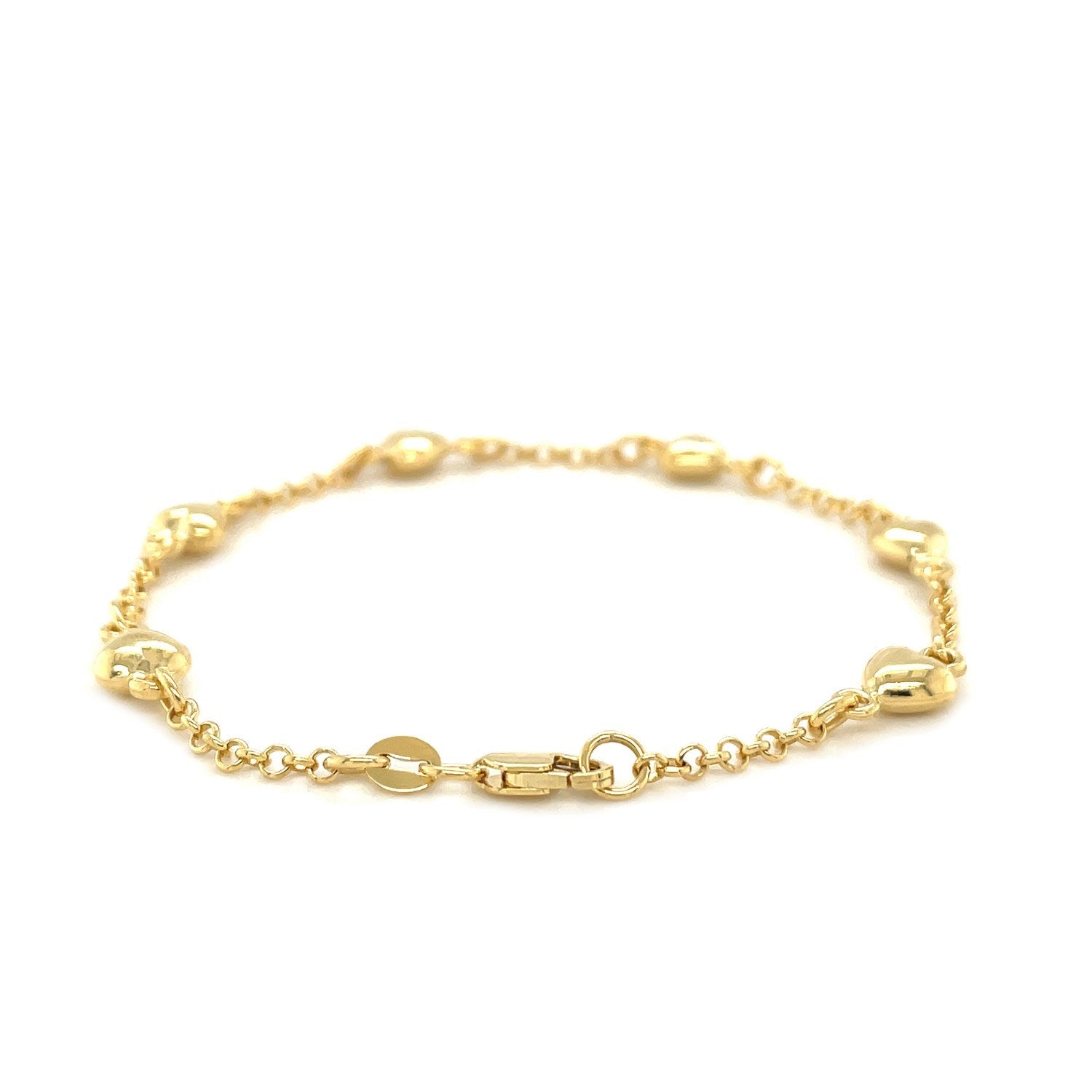 14k Yellow Gold Rolo Chain Bracelet with Puffed Heart Stations-1