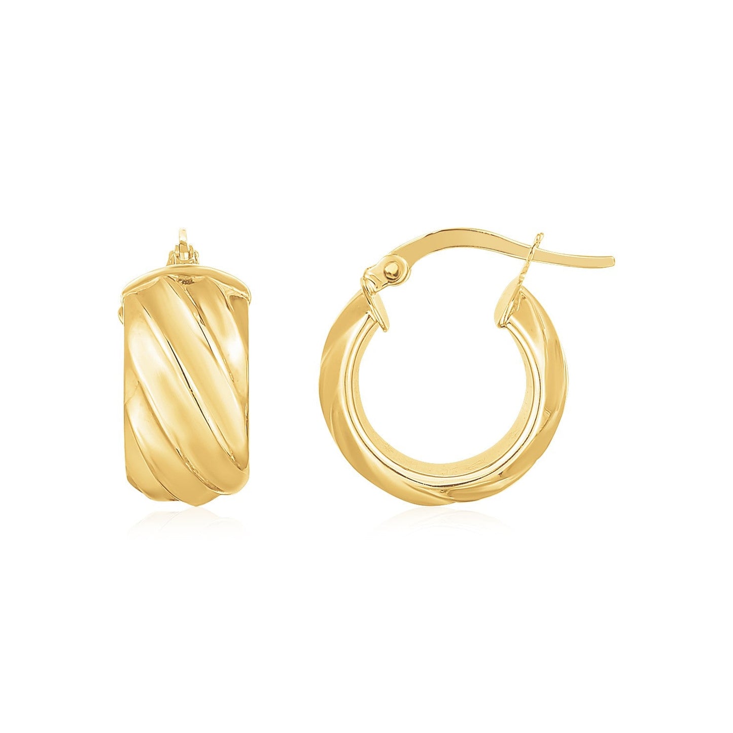 14K Yellow Gold Ribbed Hoop Earrings Wide-0