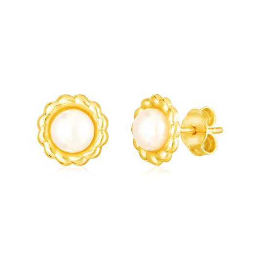 14k Yellow Gold Flower Stud Earrings with Pearls-0