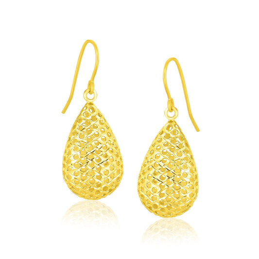 14k Yellow Gold Honeycomb Texture Large Teardrop Drop Earrings-0