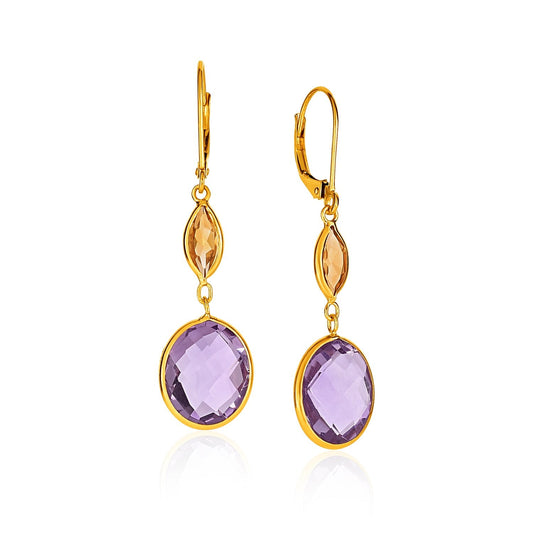 14k Yellow Gold Drop Earrings with Citrine and Amethyst Briolettes-0
