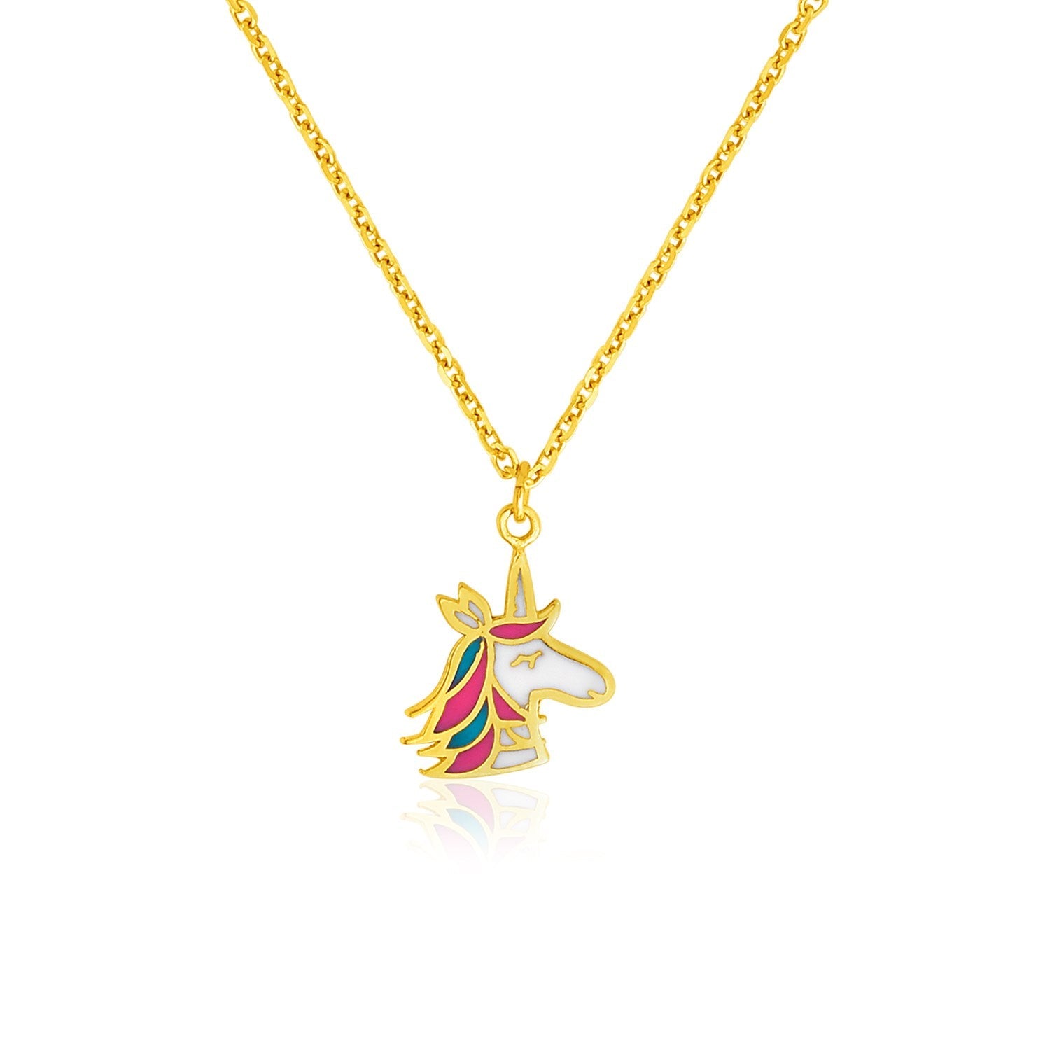 14k Yellow Gold Childrens Necklace with Enameled Unicorn Pendant-0