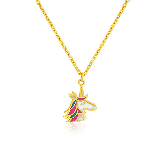 14k Yellow Gold Childrens Necklace with Enameled Unicorn Pendant-0