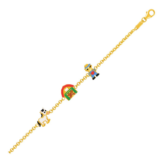 14k Yellow Gold Childrens Bracelet with Enameled Farm Figures-0