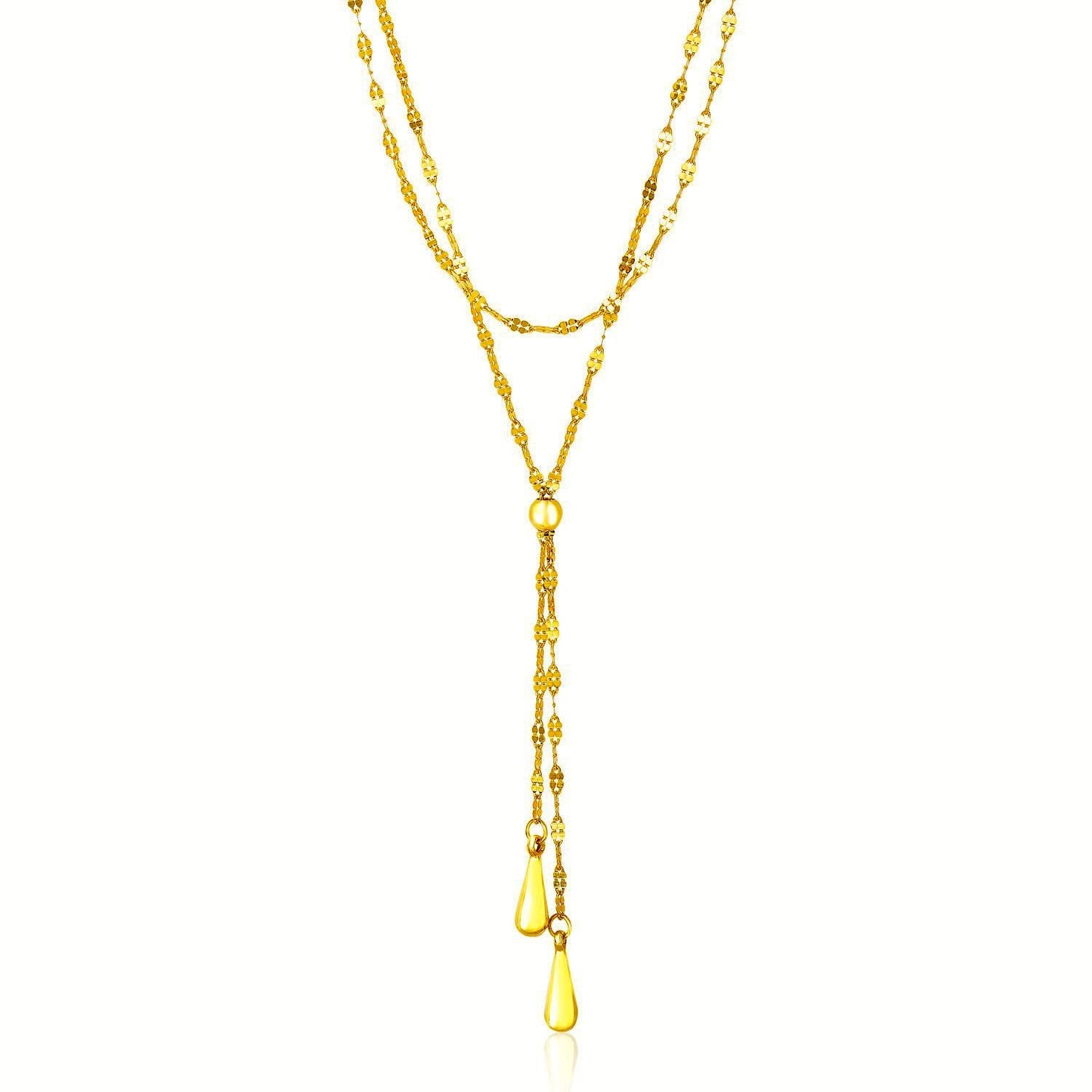 14k Yellow Gold Double Strand Chain with Puffed Heart Lariat Necklace-0