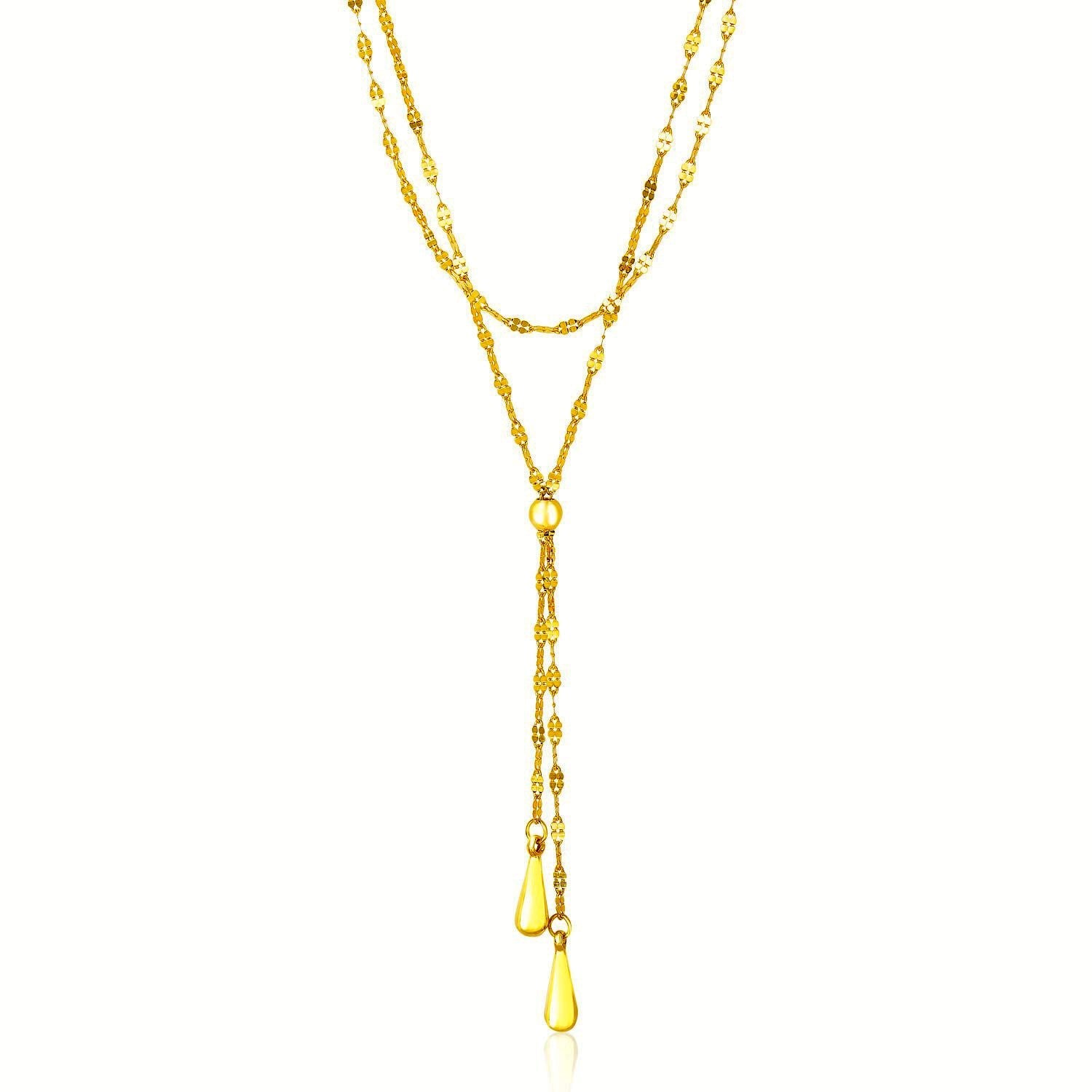 14k Yellow Gold Double Strand Chain with Puffed Heart Lariat Necklace-0