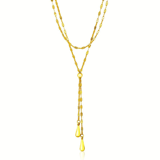 14k Yellow Gold Double Strand Chain with Puffed Heart Lariat Necklace-0