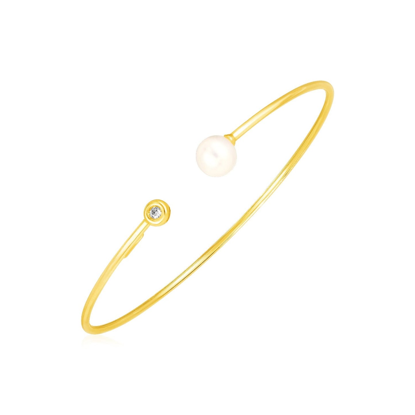 14k Yellow Gold Cuff Bangle with Pearl and Diamond-0