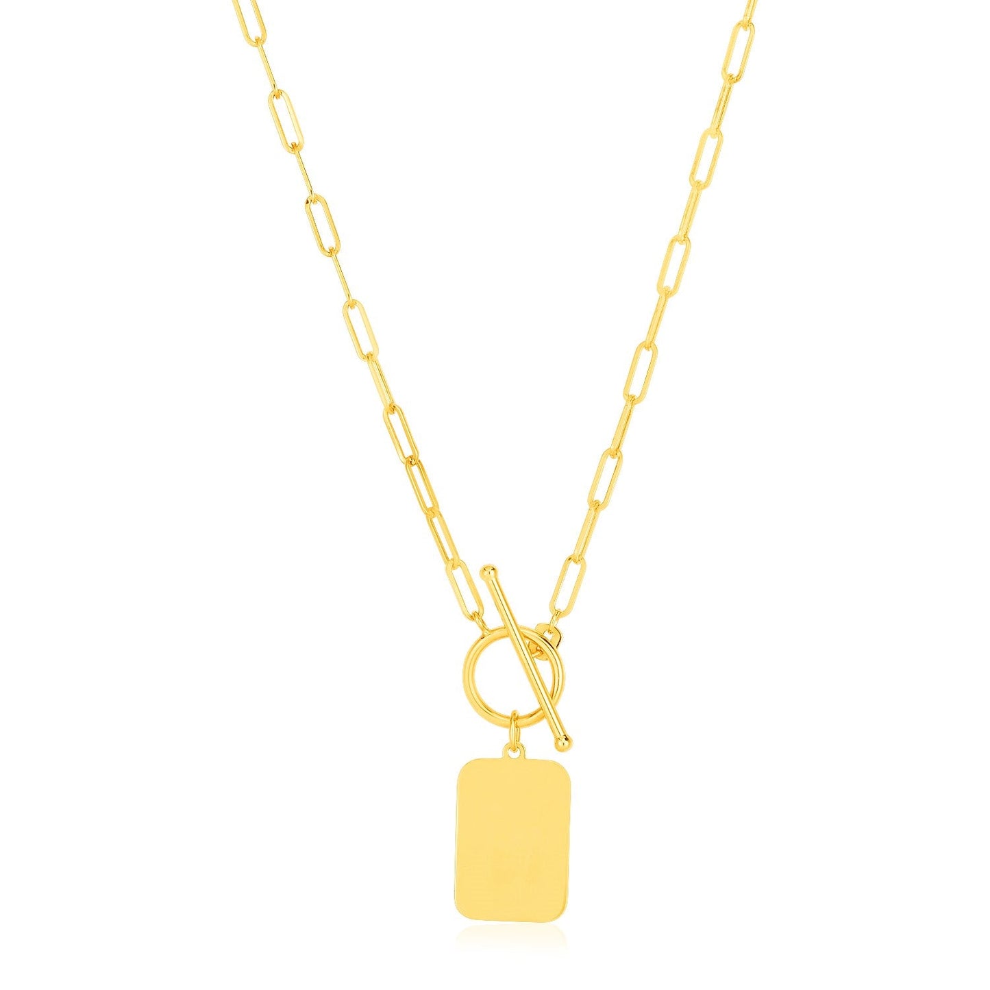 14k Yellow Gold Paperclip Chain Necklace with Rounded Rectangle Pendant-0