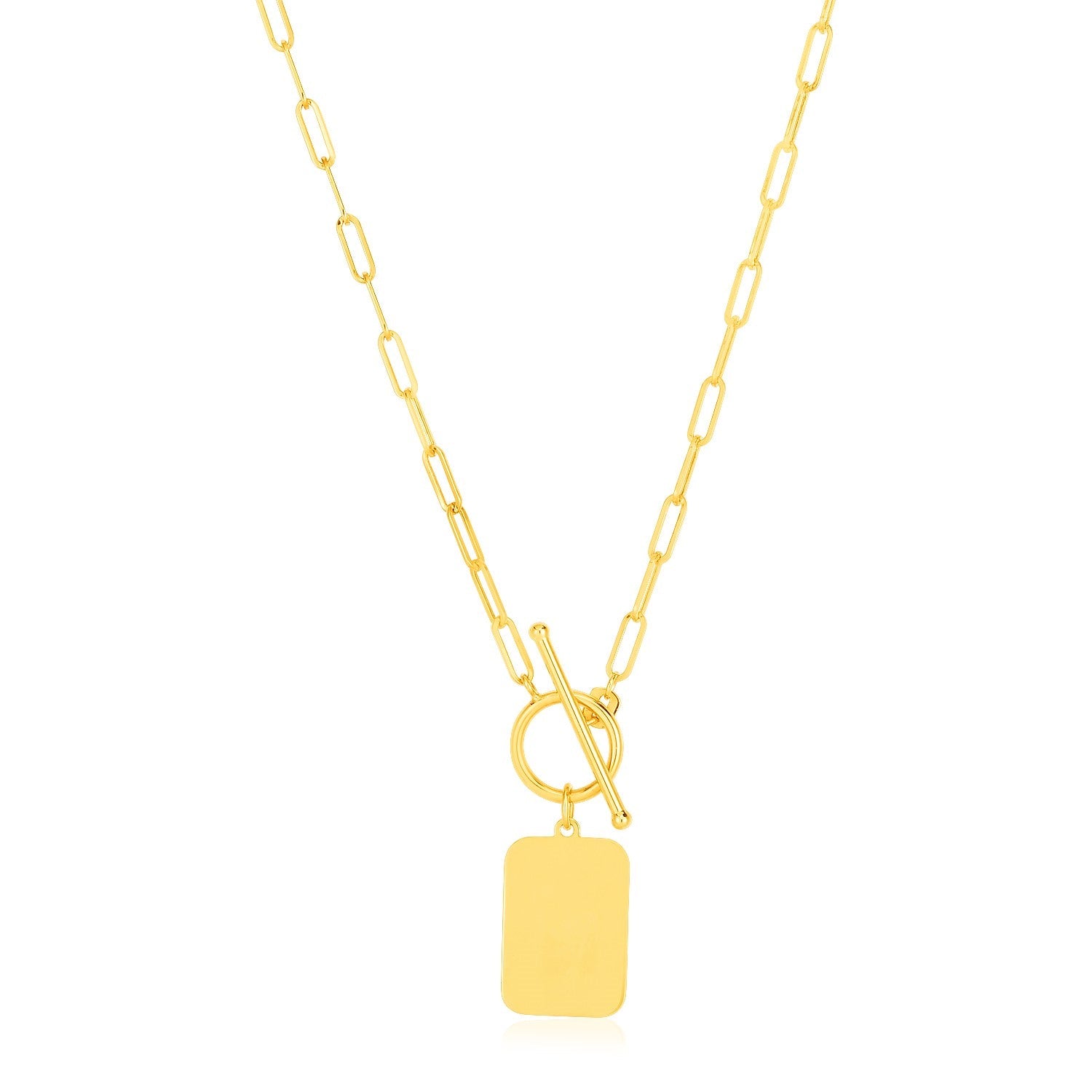 14k Yellow Gold Paperclip Chain Necklace with Rounded Rectangle Pendant-0