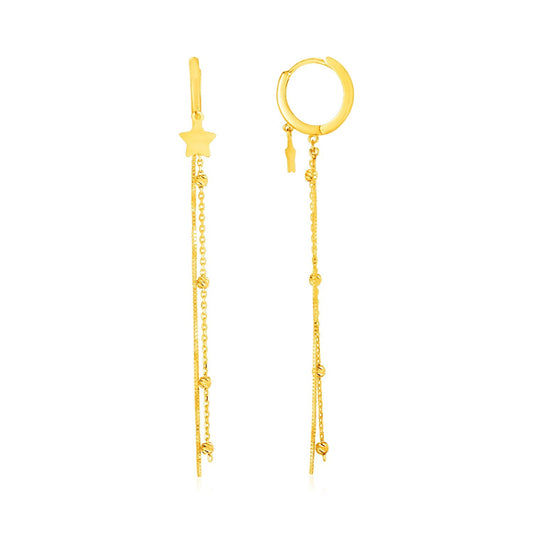 14k Yellow Gold Huggie Style Hoop Earrings with Star and Long Chain Drops-0