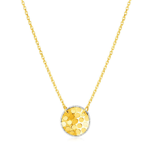 14k Yellow Gold Textured Circle Necklace with White Gold Details-0