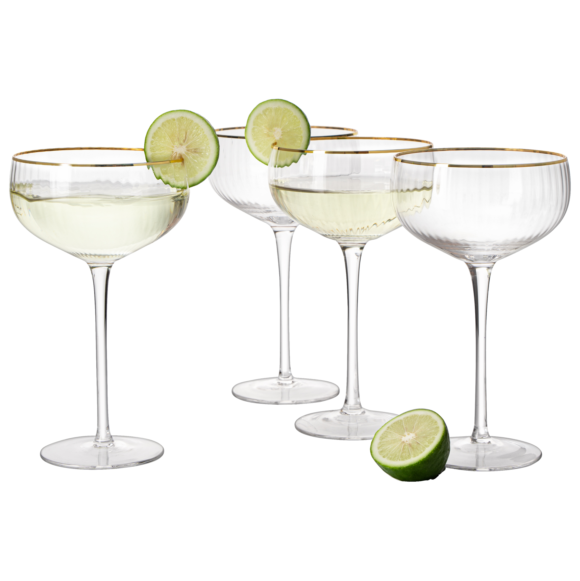 Gold Rim Glasses 7 oz, Set of 4 Gold Rim Classic Manhattan Glasses For Martini, Cocktails, Champagne, Wine - The Wine Savant (Ribbed)-0