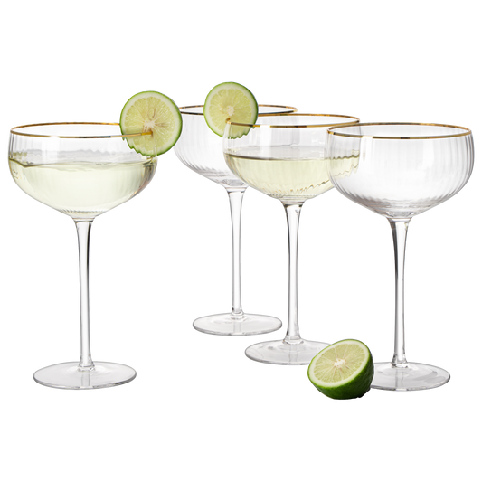 Gold Rim Glasses 7 oz, Set of 4 Gold Rim Classic Manhattan Glasses For Martini, Cocktails, Champagne, Wine - The Wine Savant (Ribbed)-0