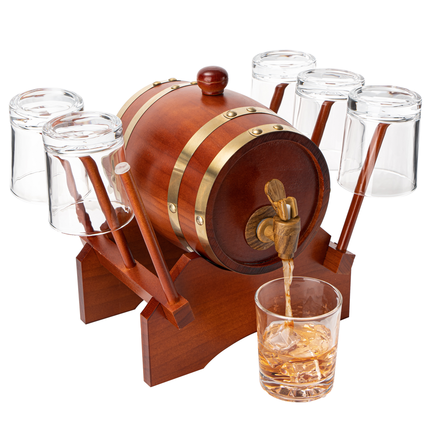 Barrel Decanter with 6 Whiskey Glasses by The Wine Savant - 1000 mL Mahogany Wood Old Fashioned Classic Whiskey Decanter Set, Gifts for Him, Father's Day, Gift Ideas-0