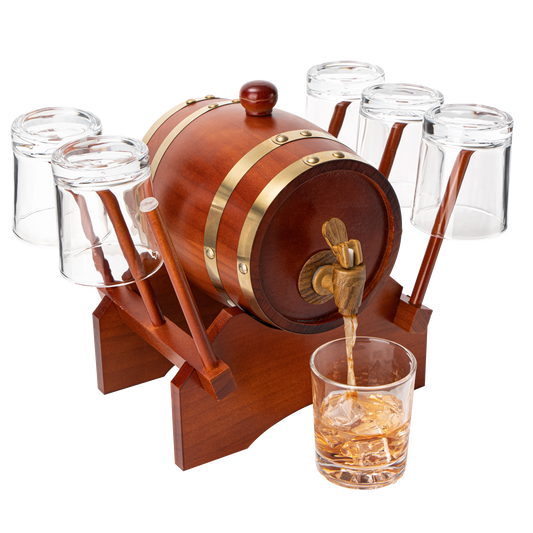 Barrel Decanter with 6 Whiskey Glasses by The Wine Savant - 1000 mL Mahogany Wood Old Fashioned Classic Whiskey Decanter Set, Gifts for Him, Father's Day, Gift Ideas-0