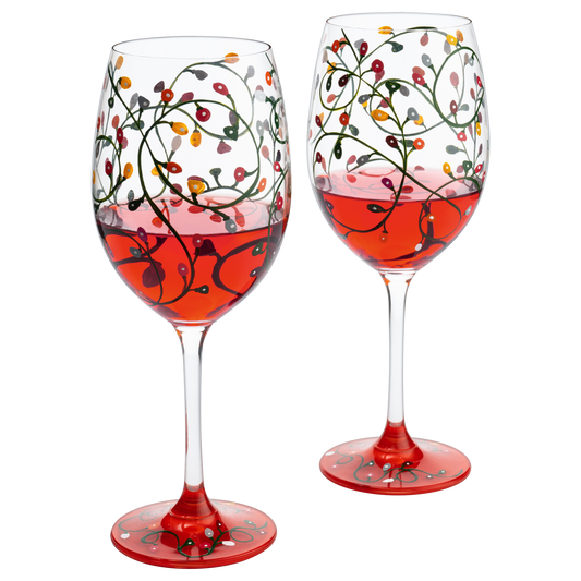 Stemmed Christmas Lights Wine Glasses Set of 2 - Hand Painted Wine Glass Ornament Light Bulbs Glasses, Perfect for Wine, Champagne, Holiday Parties and Festivities - 9.5" High, 21 oz Capacity-0