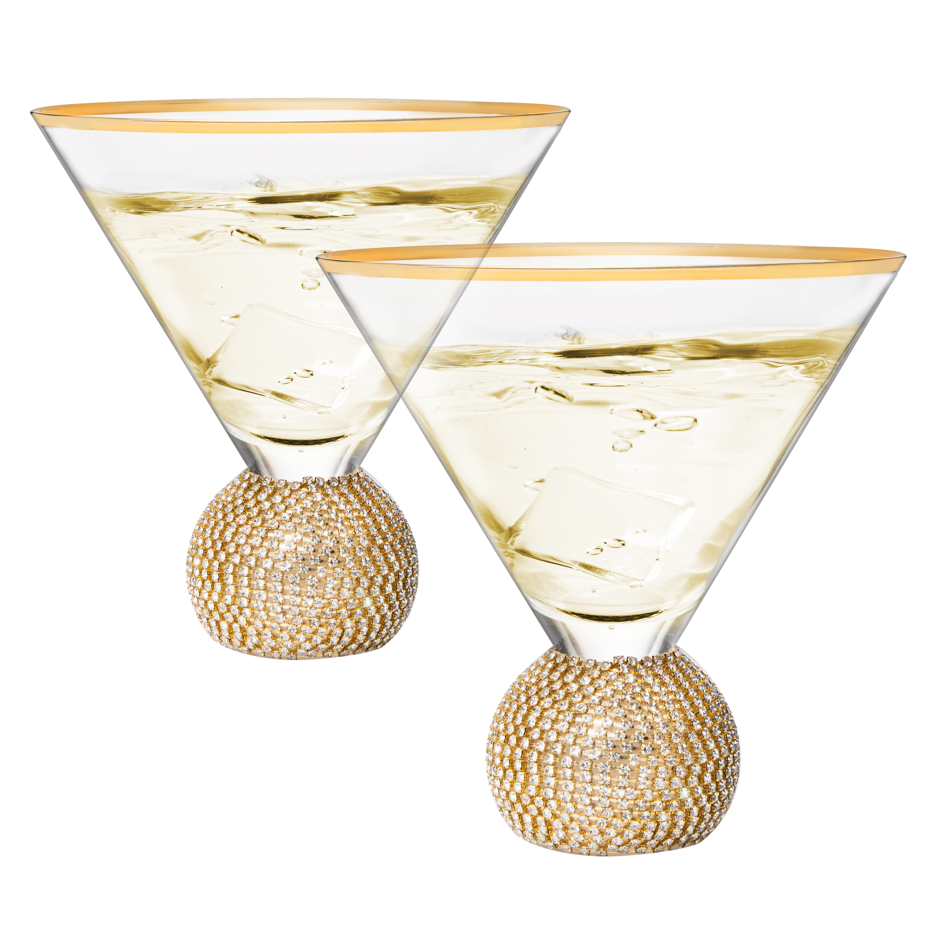Diamond Studded Martini Glasses Set of 2 - The Wine Savant - Gold Rimmed Modern Cocktail Glass, Rhinestone Diamonds With Stemless Crystal Ball Base, Bar or Party 10.5oz, Swarovski Style Crystals-0
