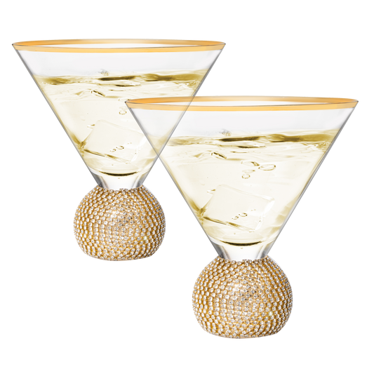 Diamond Studded Martini Glasses Set of 2 - The Wine Savant - Gold Rimmed Modern Cocktail Glass, Rhinestone Diamonds With Stemless Crystal Ball Base, Bar or Party 10.5oz, Swarovski Style Crystals-0