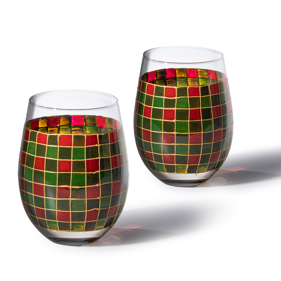 The Wine Savant Crystal New Years Artisanal Hand Painted Stemless Glasses Set of 2 - Rennesance Romantic Stain-glassed Windows - Festive Holiday Perfect for Holidays Parties, Gifts for Him & Her-2