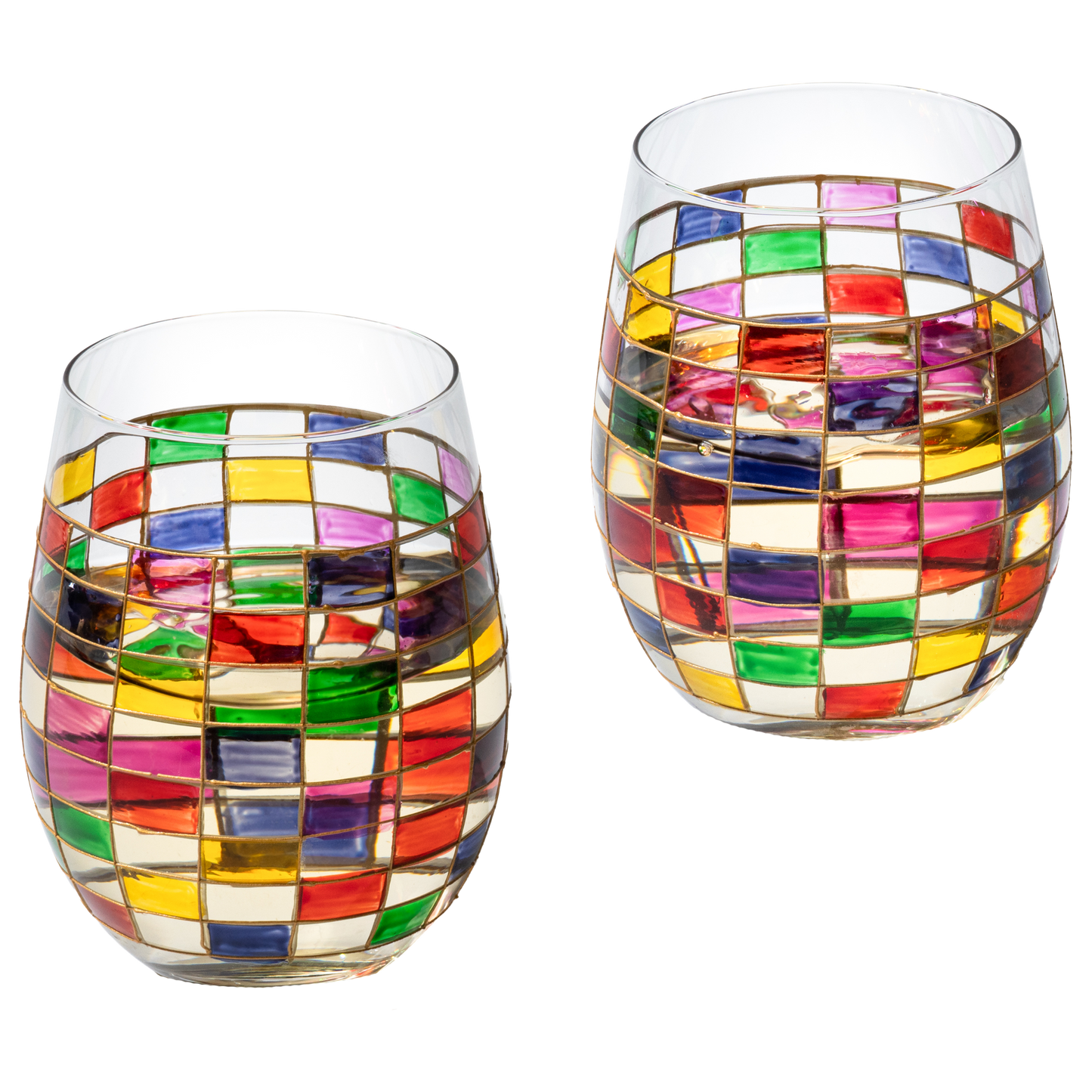 Renaissance Stained Wine Glasses Set of 2 by The Wine Savant - Festive Colorful Coffee Cups, Stained Window, Multicolored, Home Bar Gift, Colored Drinkware, Rainbow Glassware (Stemless)-0