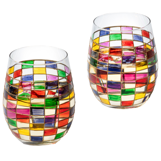 Renaissance Stained Wine Glasses Set of 2 by The Wine Savant - Festive Colorful Coffee Cups, Stained Window, Multicolored, Home Bar Gift, Colored Drinkware, Rainbow Glassware (Stemless)-0