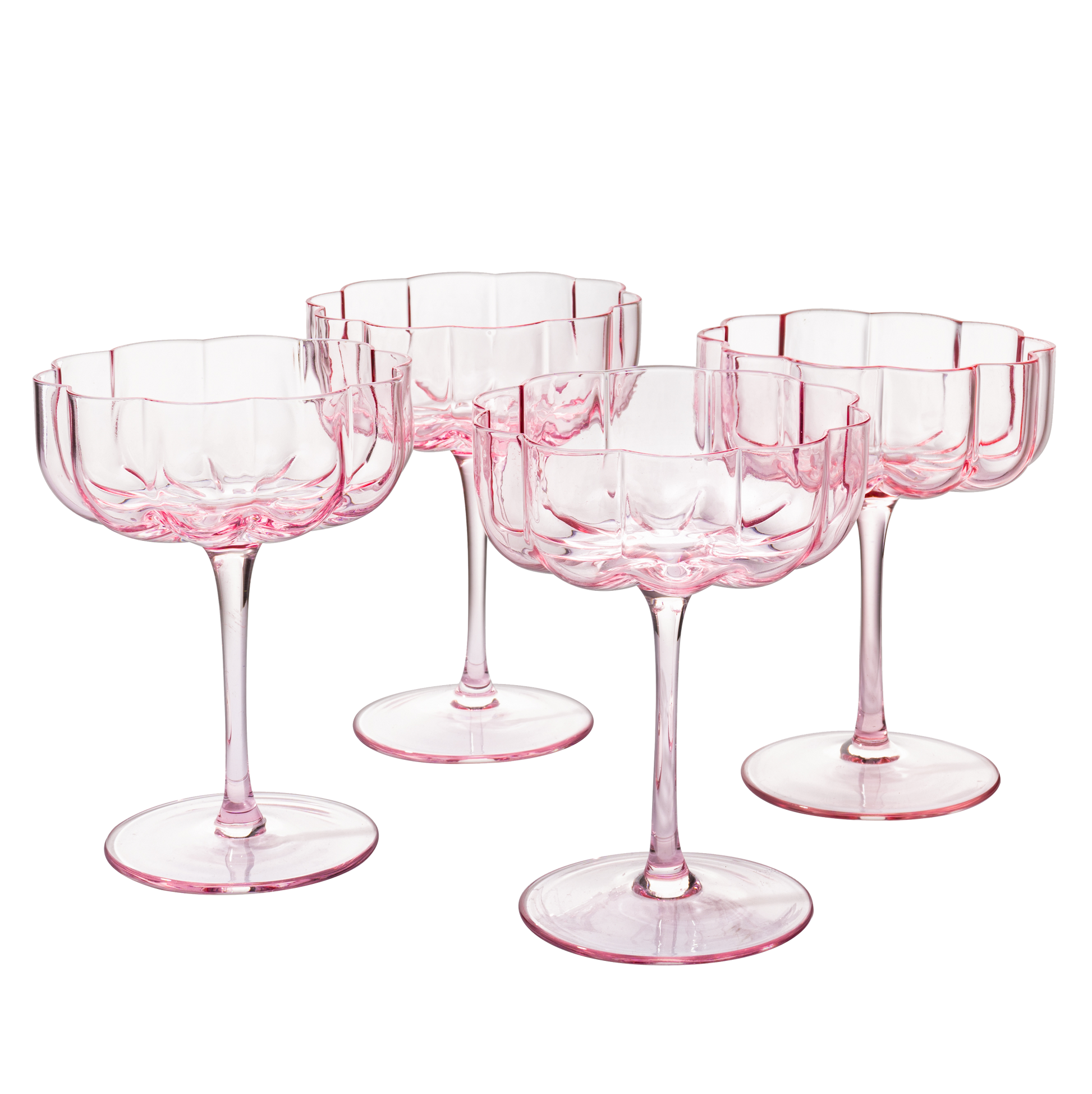 Flower Vintage Wavy Petals Wave Glass Coupes 7oz Colorful Cocktail, - Set of 4 - Rippled & Champagne Glasses, Prosecco, Martini, Mimosa, Cocktail Set, Bar Glassware Copyright & Patent Pending (Pink)-0
