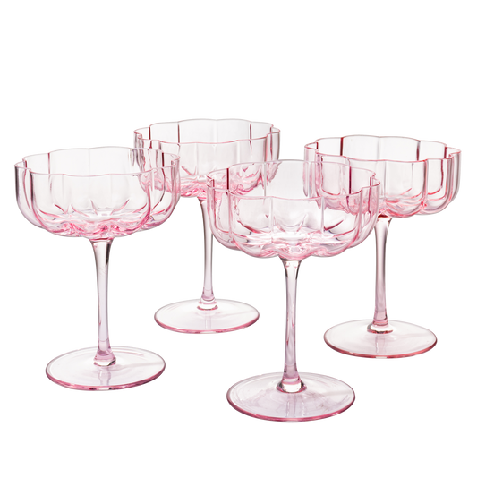 Flower Vintage Wavy Petals Wave Glass Coupes 7oz Colorful Cocktail, - Set of 4 - Rippled & Champagne Glasses, Prosecco, Martini, Mimosa, Cocktail Set, Bar Glassware Copyright & Patent Pending (Pink)-0