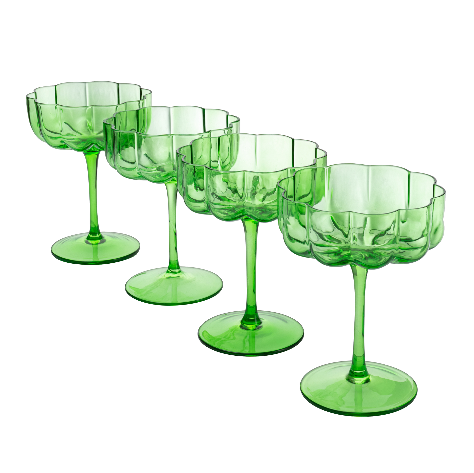 Flower Vintage Wavy Petals Wave Glass Coupes 7oz Colorful Cocktail, - Set of 4 - Rippled & Champagne Glasses, Prosecco, Martini, Mimosa, Cocktail Set, Bar Glassware Copyright & Patent Pending (Green)-0