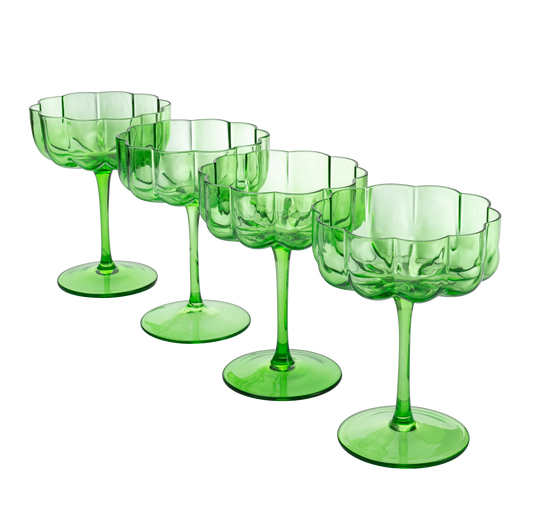 Flower Vintage Wavy Petals Wave Glass Coupes 7oz Colorful Cocktail, - Set of 4 - Rippled & Champagne Glasses, Prosecco, Martini, Mimosa, Cocktail Set, Bar Glassware Copyright & Patent Pending (Green)-0