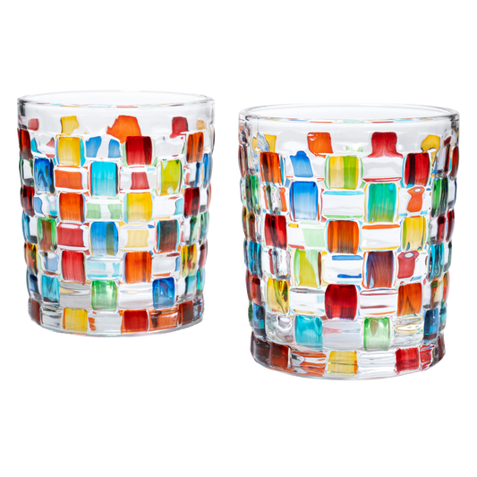 The Wine Savant Artisanal Hand Painted Stained Glass Window Whiskey Tumblers 10oz Set of 2 Renaissance Romantic Rainbow Colored Drinking Glasses - Gift Idea for Her, Home Bar, Weddings 4" H-0