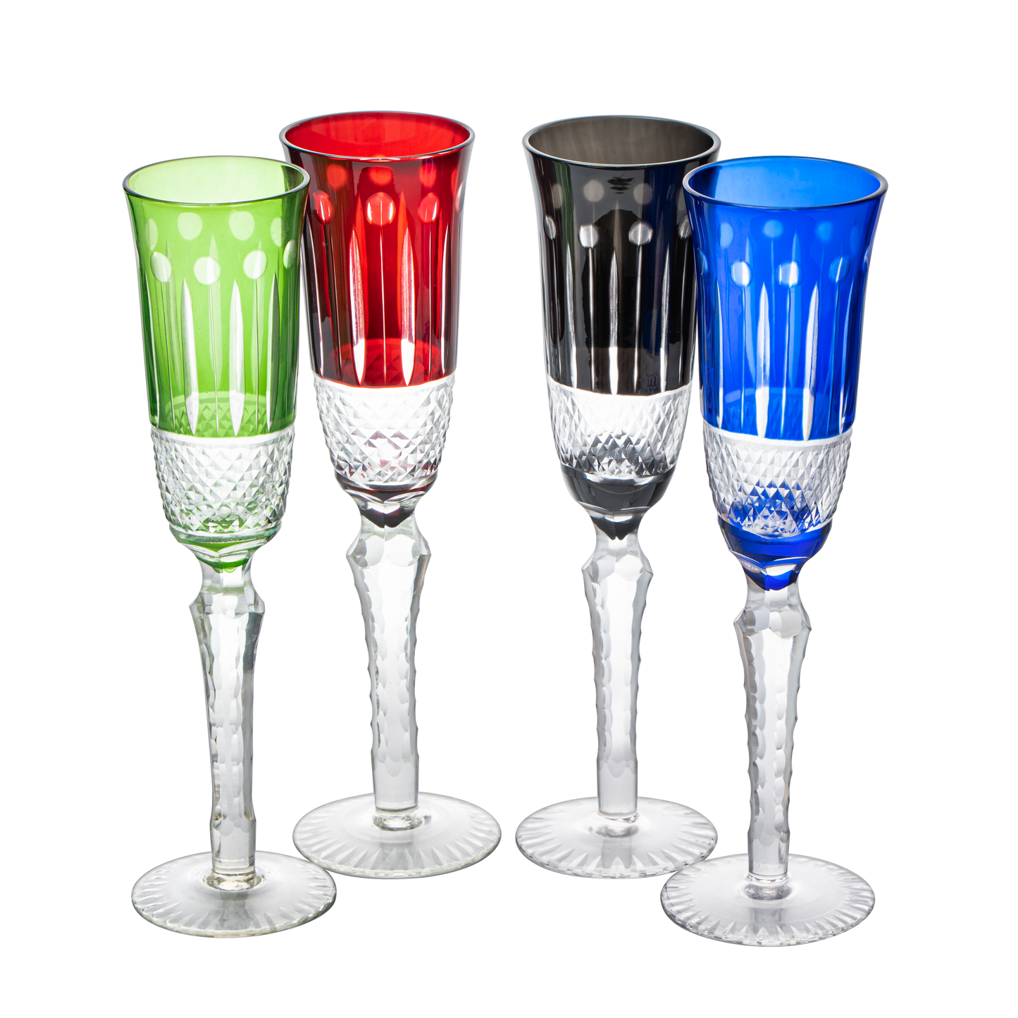 The Wine Savant Crystal Italian Multicolor Design Flutes - 4 Set - 5oz 9" H Cocktail & Champagne Glassware Bohemian Venetian Style Red, Blue, Green, Black Glasses, Dinners Parties, Bars & Weddings-0