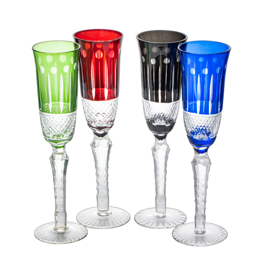 The Wine Savant Crystal Italian Multicolor Design Flutes - 4 Set - 5oz 9" H Cocktail & Champagne Glassware Bohemian Venetian Style Red, Blue, Green, Black Glasses, Dinners Parties, Bars & Weddings-0