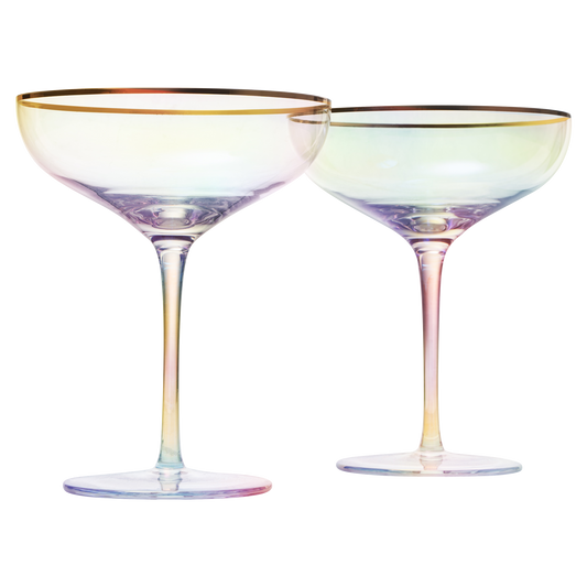 Iridescent Colored Gilded Rim Coupe Glass, 2-Set Large 9oz Rainbow Cocktail & Champagne, Luster Pearl Glasses Vibrant Color Gold Vintage Tumblers, No Stem Margarita, Glassware Gift - The Wine Savant-0