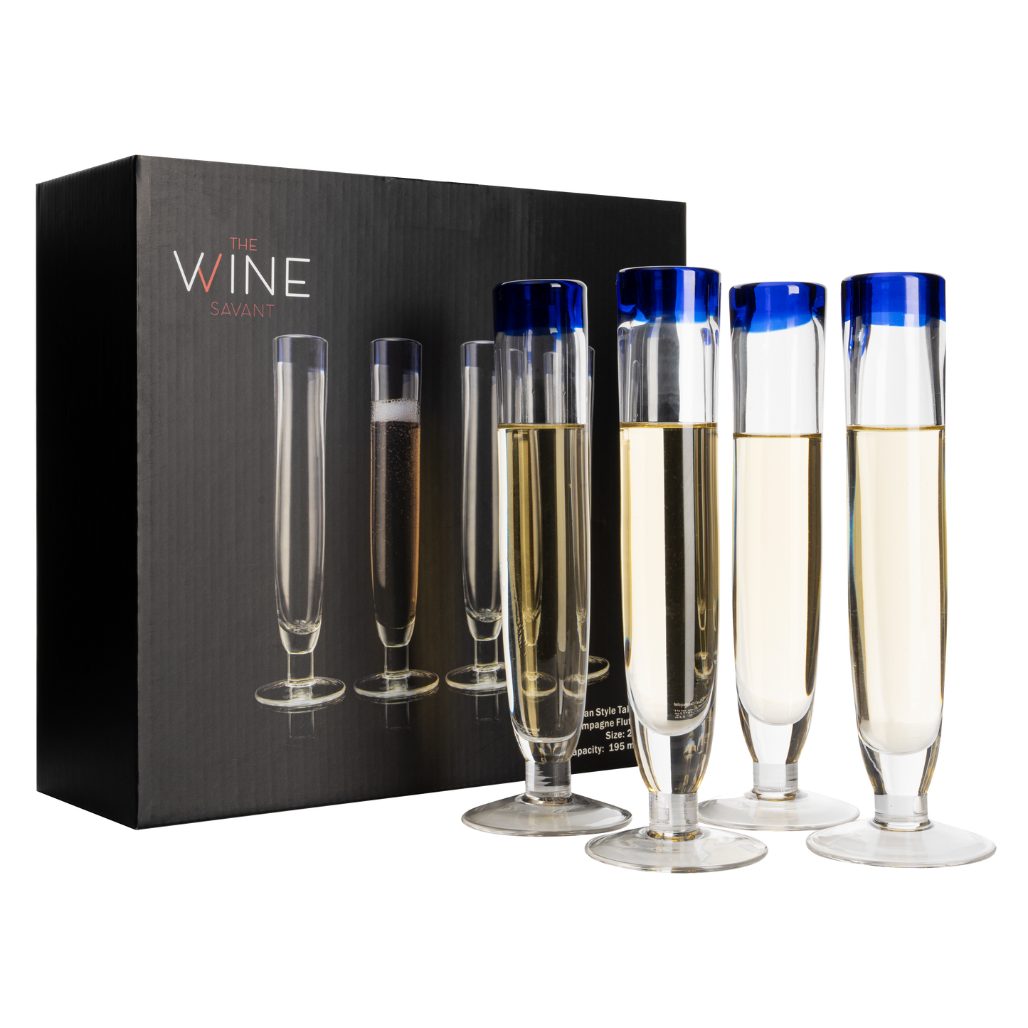 Tall Recycled Champagne Flutes - Set of 4 - Mexican Hand Blown Cobalt Blue Rim Flute – Luxury Mexican Thick Glassware 7oz, Juice & Cocktail Drinking Glass Holiday Celebration, Weddings, Anniversary-0